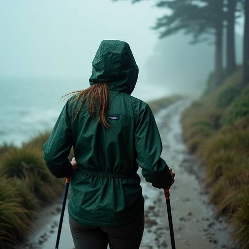 Close-up shot from behind a woman in her mid-30s hiking on a muddy coastal trail in heavy rain, wearing a dark green Patagonia Torrentshell rain jacket with hood up