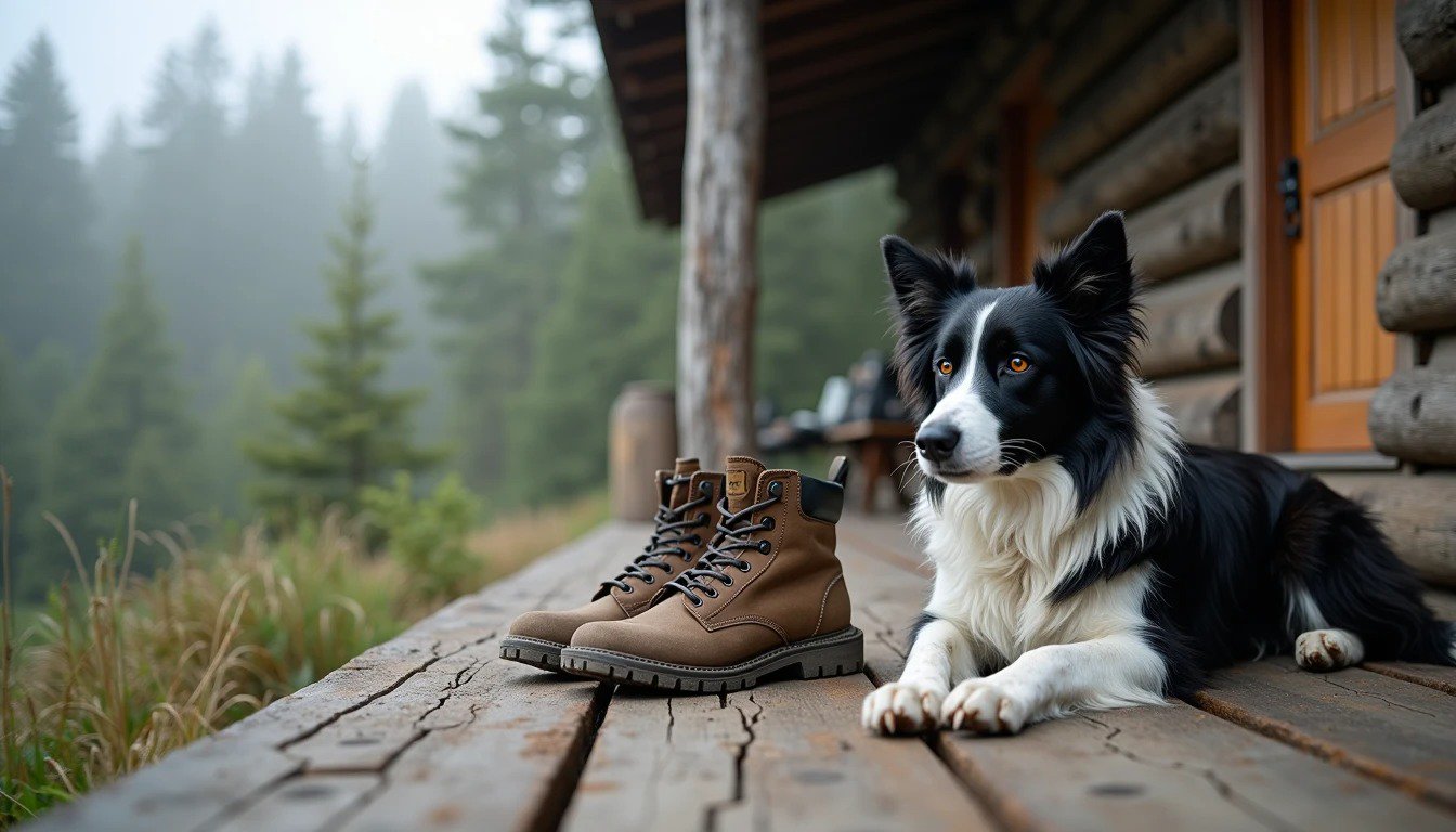 Muddy hiking gear and a black-and-white Border Collie resting on a rustic wooden porch in the Pacific Northwest, misty woodland background.