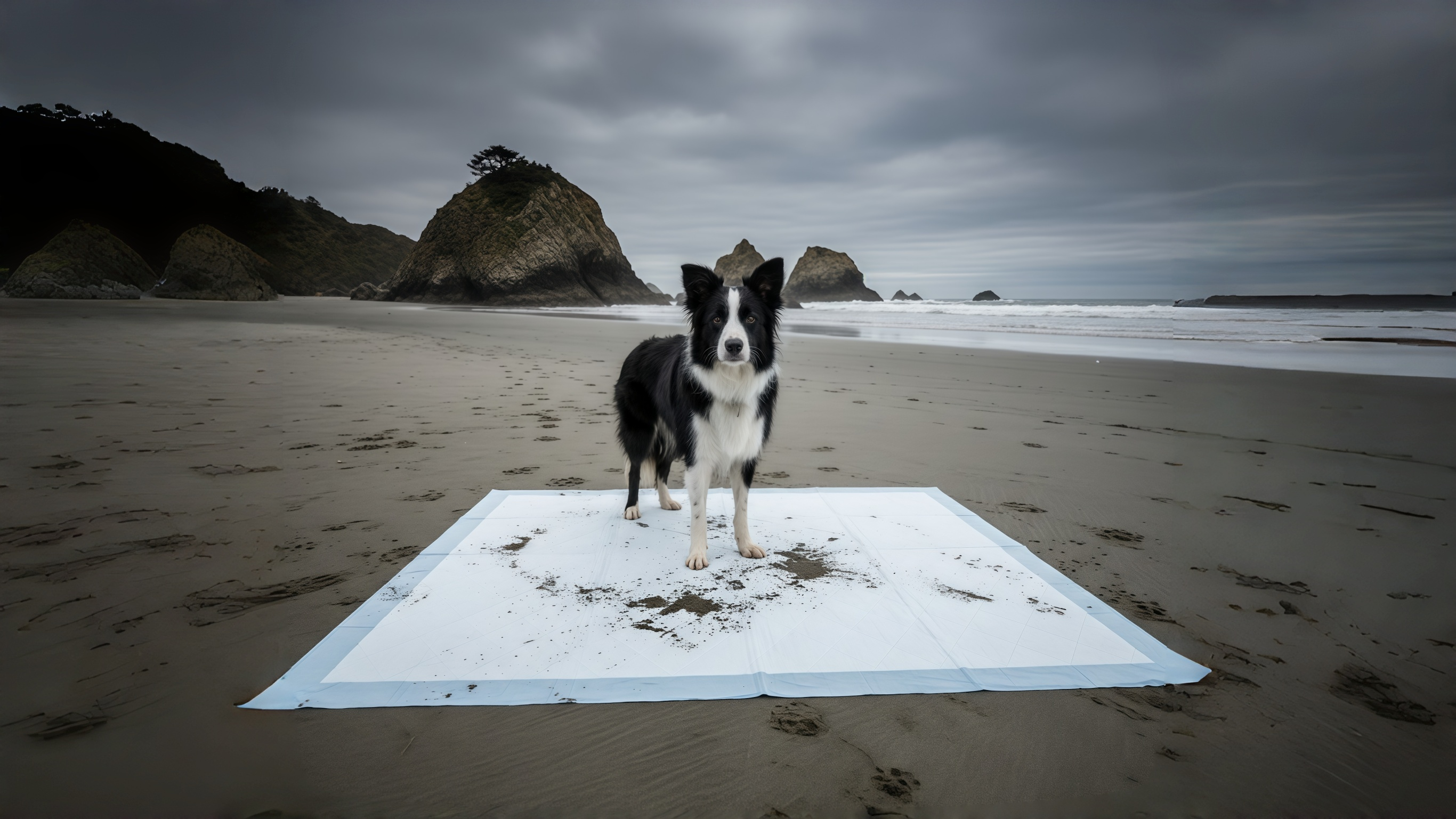 A Border Collie standing on a massive thin XXXXL pad on a wet West Coast beach, light blue leak-proof border and white diamond-quilted surface covered in saltwater droplets and sand